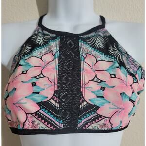 OP Black Pink Teal Floral Crochet Center Halter Crisscross Back Bikini Top Small